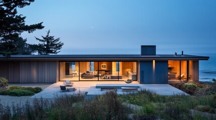 Modern coastal home at dusk, showcasing expansive windows, sleek design, and ocean views.