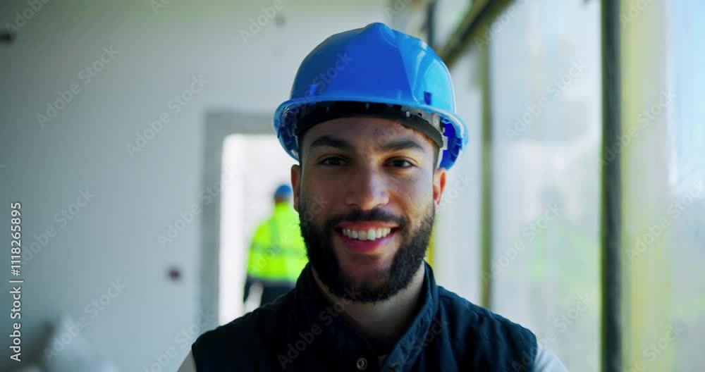 Poster contractor, face and man with smile for construction site, project management or progress. happy, en