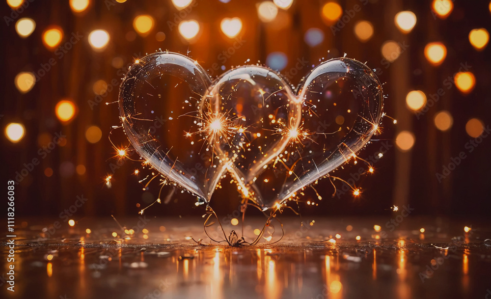 Poster a couple of hearts are lit up with sparkles, creating a romantic and festive atmosphere. the sparkle