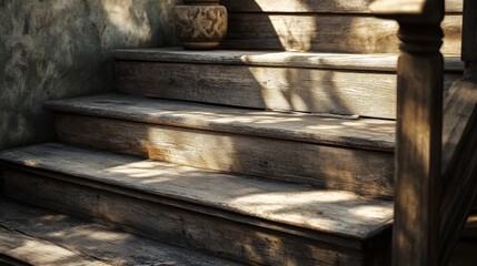 Wooden staircase with sunlight and shadows.