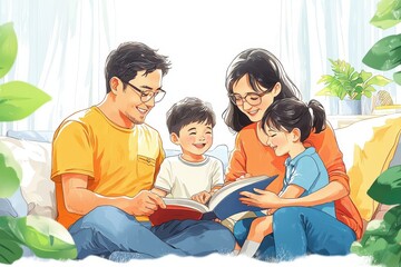 Group of people having a discussion. A warm, family scene featuring four members reading together joyfully in a cozy, plant-filled living room.