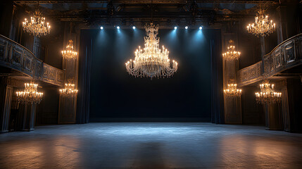 Obraz premium Elegant theater stage with grand chandelier and ambient lighting designed for a dramatic performance