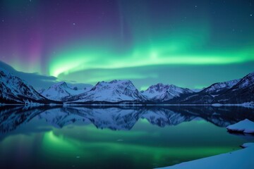 Majestic Northern Lights Over Serene Mountain Lake at Night Showcasing Vibrant Colors and Reflection in Tranquil Waters