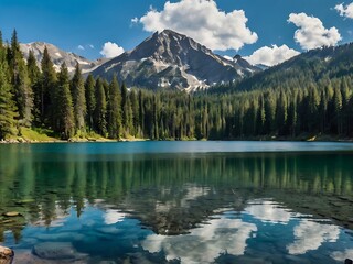 Mountain Lake Reflecting Sky and Clouds in Still Water