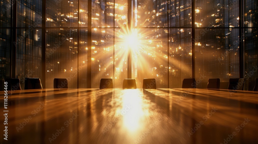 Poster a sunbeam streams through a modern conference room's glass walls, illuminating the wooden table and 