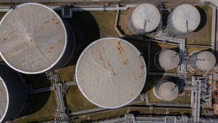 Aerial view oil and gas storage tank and pipeline, Oil and Gas storage tank chemical petroleum petrochemical refinery product storage, Oil and gas.