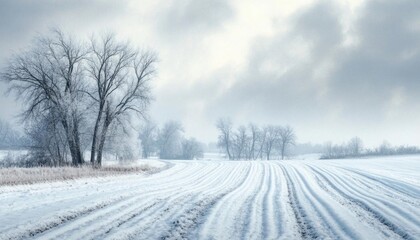 Serene winter landscape with snow-covered fields and bare trees.
