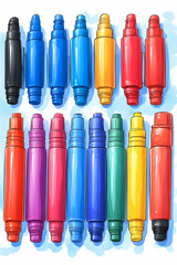 Colorful markers arranged in rows.