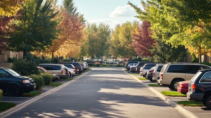 A suburban parking area with neatly parked SUVs and minivans, surrounded by tree-lined streets