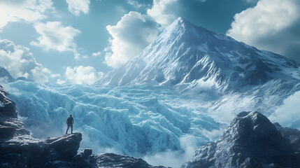 Majestic mountain landscape with a lone figure admiring the glacial beauty under a dramatic sky