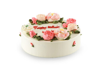 Sweet white buttercream round cake with pink rose flowers on top isolated on white background, valentines love or happy birthday concept, Elegant Naked Cake with Buttercream Flowers and Rose Petals.