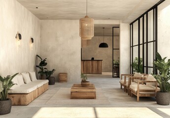 The hotel lobby features comfortable sofas, chairs, and coffee tables with warm lighting