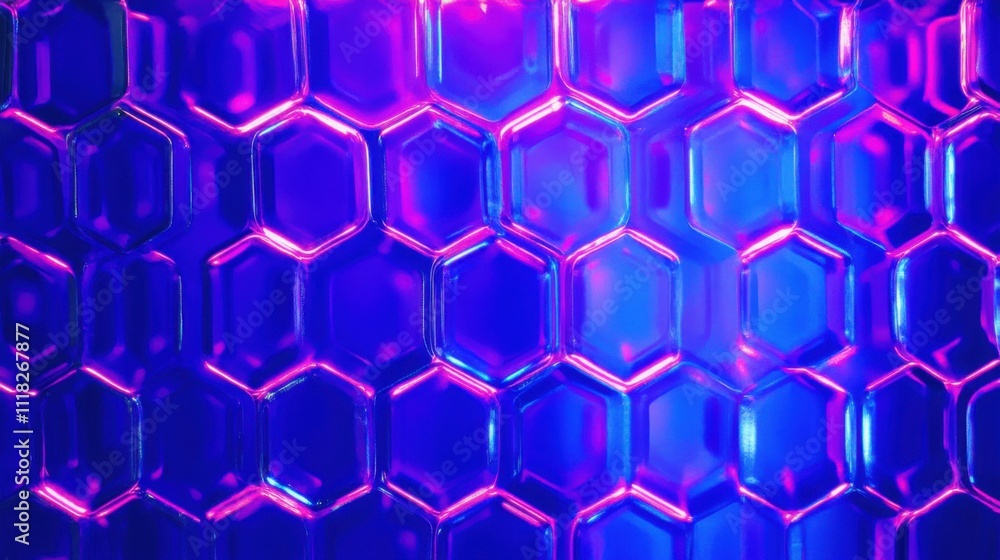 Poster vibrant hexagonal grid patterns emit electric colors, creating a captivating visual effect. this dyn