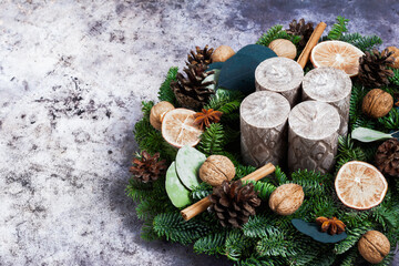 Handmade isolated Advent decorated wreath on dark wooden background, isolated natural Advent wreath...