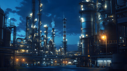 Night view of an industrial complex with illuminated structures and dramatic cloud formations