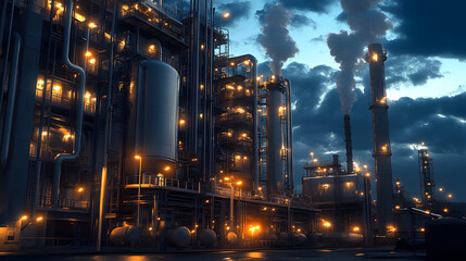 Industrial facility illuminated at dusk with glowing lights and smoke rising into the evening sky