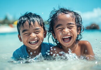 two happy children playing in the water at a beach, wearing blue shirts, in clean and clear shallow waters on an island beach with a distant mountain backdrop