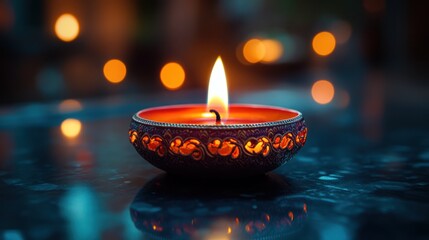 Illuminated candle in ornate holder, reflected on dark surface with bokeh lights.