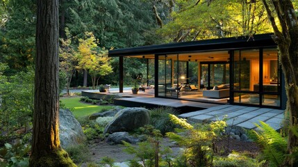Obraz premium Modern glass house nestled in lush green forest, showcasing minimalist design and natural surroundings.