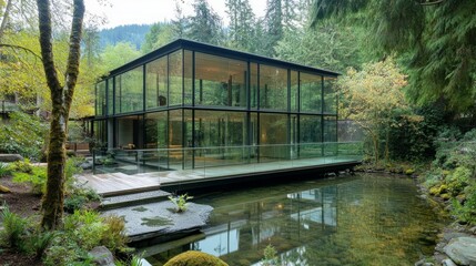 Obraz premium Modern glass house nestled in lush forest landscape with pond reflection.