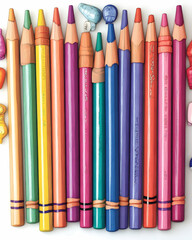 Colorful pencils arranged in a row with small colorful objects on the sides.