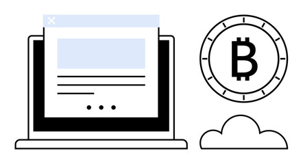 Laptop displaying a webpage, Bitcoin symbol, and a cloud. Ideal for digital finance, cryptocurrency, online transactions, technology, fintech, data storage, and software development themes. Line