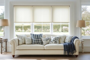 Cream sofa with patterned cushions sits before large window with beige roller blinds in bright living room.