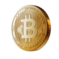 3D golden Bitcoin coin with detailed blockchain design, isolated on a transparent background