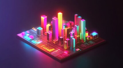 Charts feature vibrant bars illustrating various data points, showcasing a striking representation of statistical information in a dynamic digital environment. The colorful display draws attention