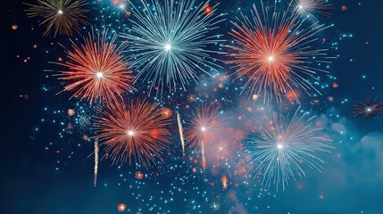 Fototapeta premium Colorful fireworks display in night sky. Explosions of light, color create festive atmosphere. Perfect for celebration events like New Year 4th of July. Abstract design in vibrant hues. Digital art