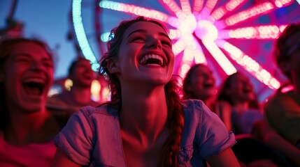 Happy friends laughing at a carnival.