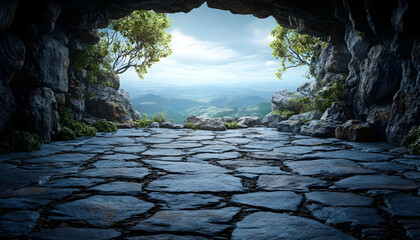Cave entrance with stone path leading to scenic mountain view.