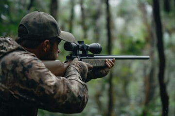 Fototapeta premium Focused hunter aims hunting rifle in dense woodland. Camo uniform blends with nature. Man prepares to shoot game animal. Outdoors scene. Nature. Wildlife. Hunting gear. Detailed view of weapon.