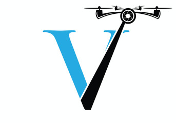 Initial Letter V Drone Logo Concept For Photography Symbol Vector Template
