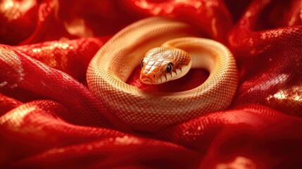 Fototapeta premium Golden snake on festive red silk