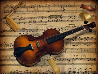 Naklejka premium Violin Resting on Aged Musical Sheet Music