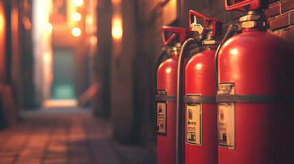 Row of red fire extinguishers in industrial setting with warm lighting