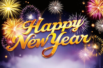 Vibrant 2025 New Year Celebration with Gold Lettering, Fireworks, and Festive Glow Effects