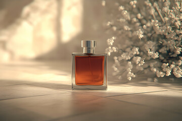 Amber perfume bottle with silver cap and blurred white flowers