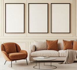 A mockup of three blank poster frames on the wall in an empty living room