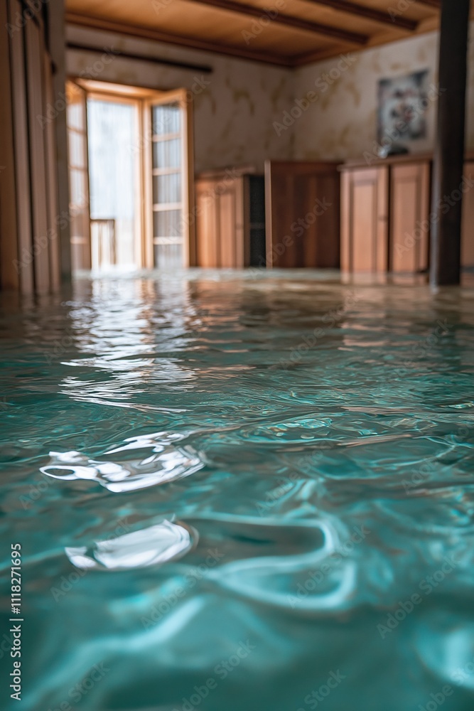 Poster floor submerged in clear water inside a building revealing unique reflections and textures
