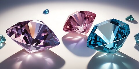 Close-Up of Assorted Faceted Blue and Pink Gemstones on Glossy Surface