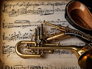 Gold Saxophone and Trumpet Resting on Sheet Music