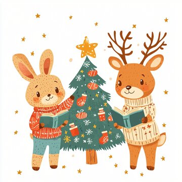 Cute Bunny and Reindeer Christmas Illustration Festive Holiday Animals Reading Winter Wonderland