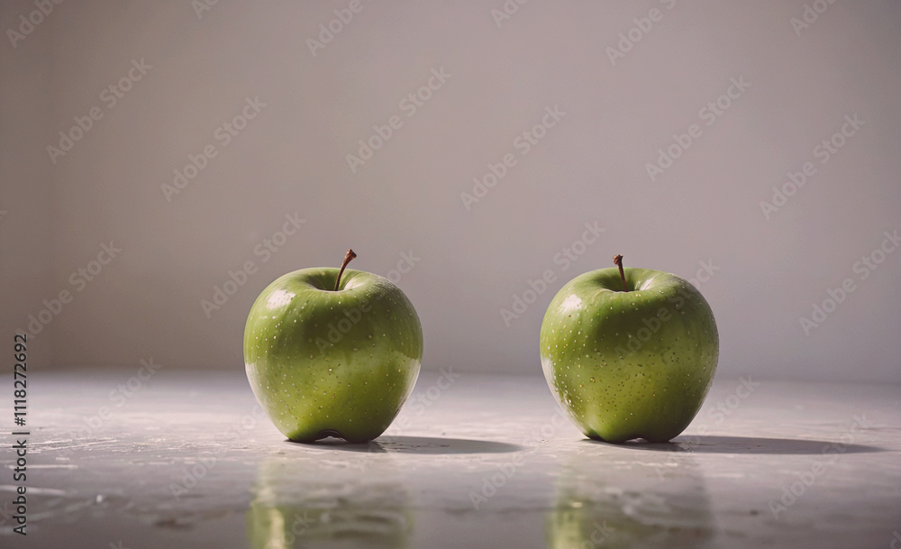 Aufkleber Two green apples on a table. The apples are shiny and wet. The apples are placed next to each other