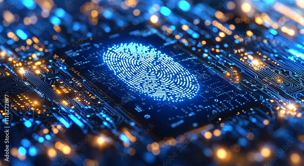 Poster digital fingerprint on circuit board cybersecurity biometric technology data protection