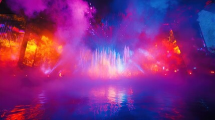 Vibrant colorful water fountain show at night with dramatic lighting and fog.