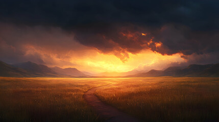Obraz premium Golden prairie under a dramatic sunset with distant mountains