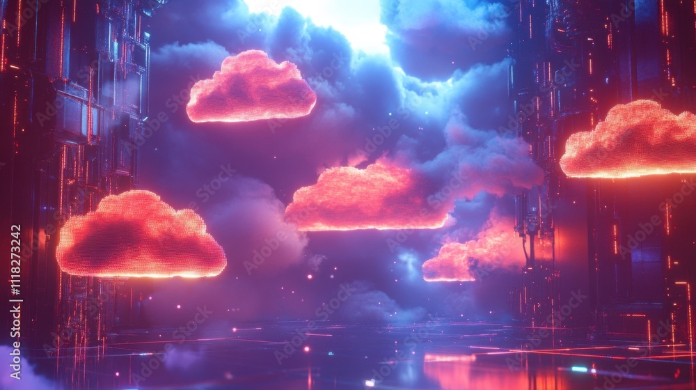 Poster floating cloud icons are illuminated in a vibrant high-tech atmosphere, showcasing a blend of digita