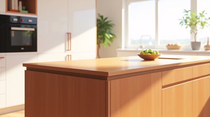 Clean wooden countertop with detailed natural grain, softly lit by diffused daylight, with blurred modern kitchen elements and small green plants in the background for a calm, professional look.